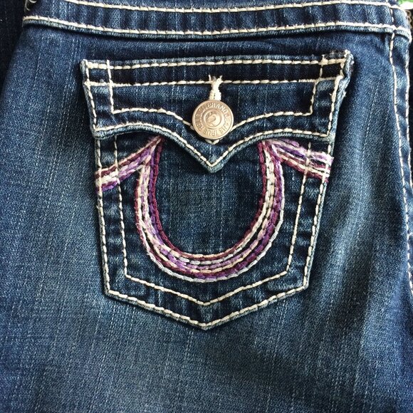 True Religion Joey Rainbow Girls Youth Jeans Sz 14 Violet Boot Twisted Seams - Picture 6 of 11